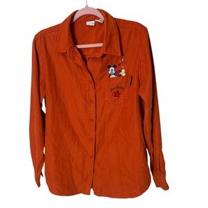 Disney Orange Fall Autumn Button-Up Shirt with Mickey Mouse Embroidered Pocket